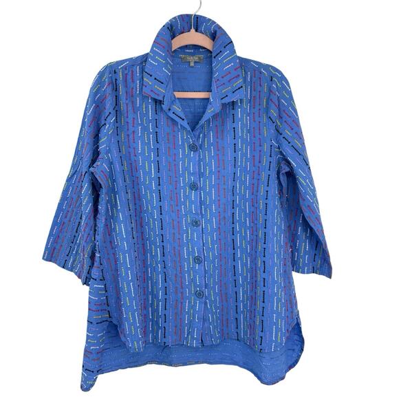 Habitat Clothes to Live In Small Tunic Blue Colorful Dashes 3/4 Sleeve Lagenlook - Picture 1 of 10